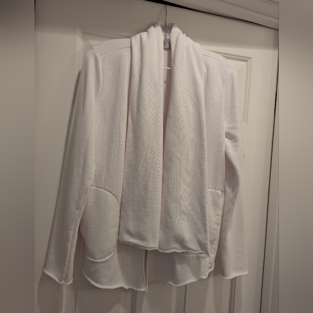 Athleta White Open Front Cascading Cardigan Sweater Pockets Jacket Size M *NWOT